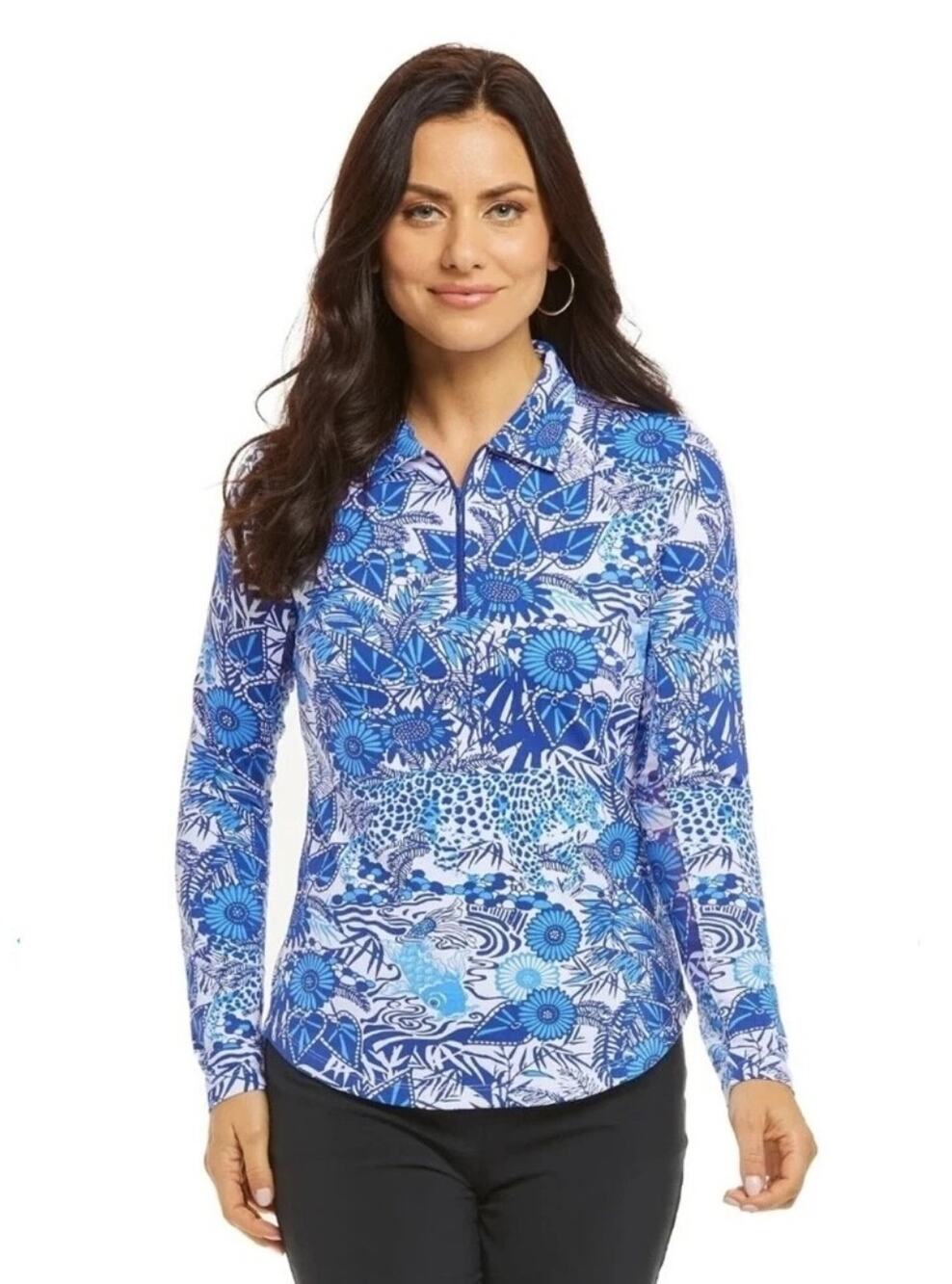 IBKUL Bamboo Garden UPF 50+ 1/4 Zip Mock Neck Top Long Sleeve Golf Athletic Sz M
